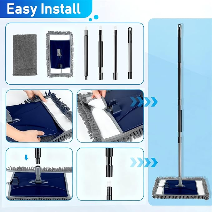 Wall Cleaner Mop with Long Handle, Extra Wall Dust Mop for Washing Walls with 2 Microfiber Reusable Pads,Floor Dry Wet Duster Mops for Wall Washer, Floor,Ceiling Cleaning,Blue