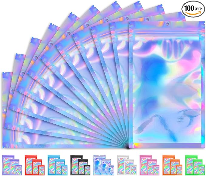 100 PCS Holographic Bags for Lashes, Press On Nails, Candy, Small Baggies Sample Bag Smell Proof Packaging Bags for Jewe
