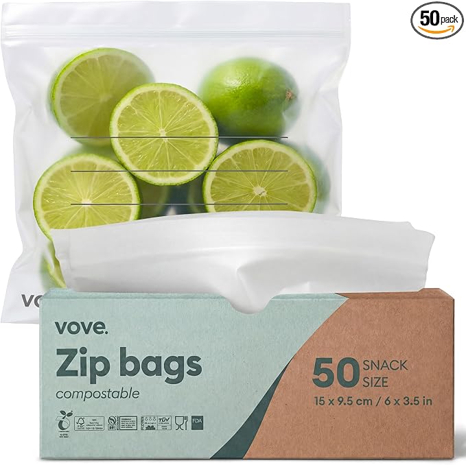 Vove Compostable Snack Zip Bags 50 Count, Plant-Based Freezer Safe