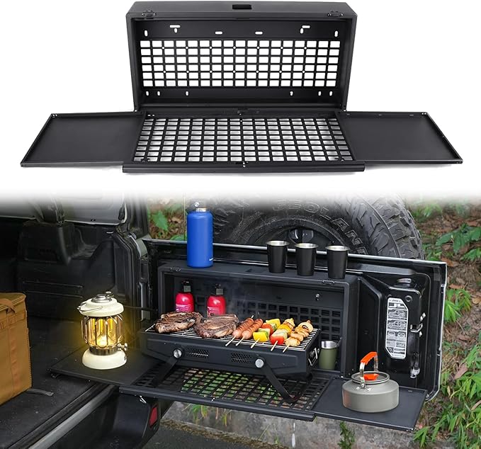 Tailgate Table Storage Lock Box Compatible with Jeep Wrangler JK JKU JL JLU 4 Door, Aluminum Foldable Rear Cargo Shelf M