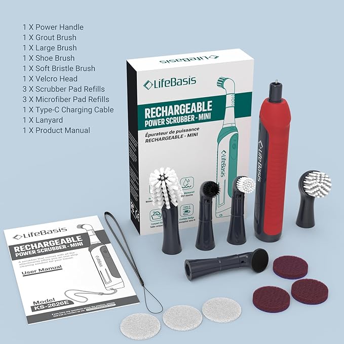 LifeBasis Rechargeable Power Scrubber 11-Piece Kit, Cordless Electric Cleaning Brush, IPX7 Waterproof Electric Grout Brush for Home, Kitchen, Bathroom, Grout, Tile, Shower, Tub, Red