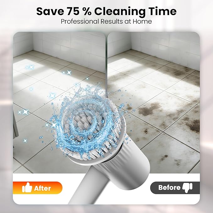 Electric Spin Scrubber, 4500mAh Cordless Cleaning Brush, 6 Brush Heads, Touch Control, 47" Adjustable Handle Relieves Back Pain, IPX7 Waterproof Power Scrubber for Bathroom Shower Floor Tile Bathtub.