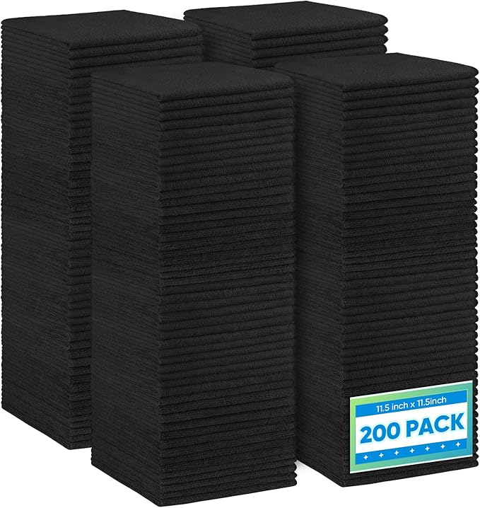 HOMEXCEL Black Microfiber Cleaning Cloth 200 Pack, 11.5 x 11.5 inch Bulk Shop Towels | Reusable Cleaning Rags for Cars, Kitchen, Window, Garage and House, Ultra Absorbent, Lint Free, Streak Free