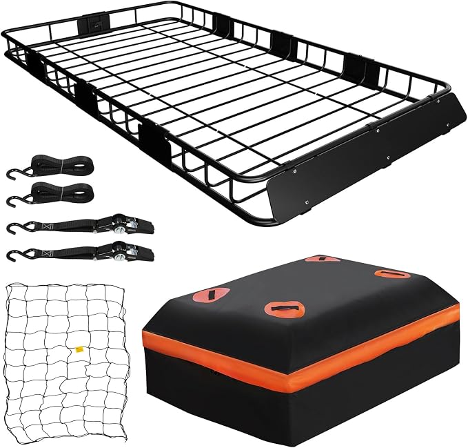 WEIZE 64" x 39" x 5" 200lb Heavy Duty Roof Rack Carrier Basket with Waterproof Bag, Cargo Net and Ratchet Straps, Univer