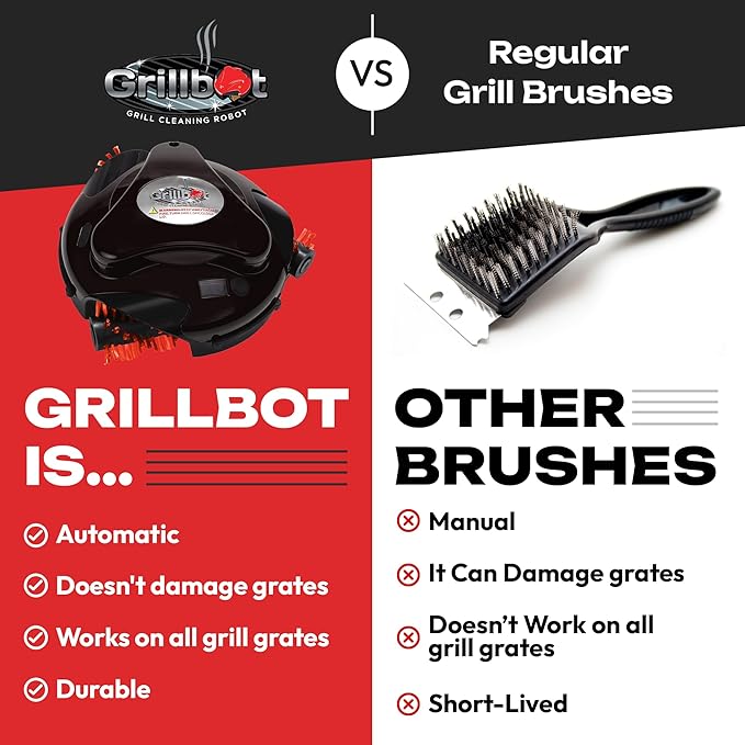 Grillbot Automatic Grill Cleaning Robot with Nylon Brushes, Electric BBQ Cleaner Brush with Motorized Power, Cordless Rechargeable Grill Scrubber for Outdoor Grills (Red and Case)