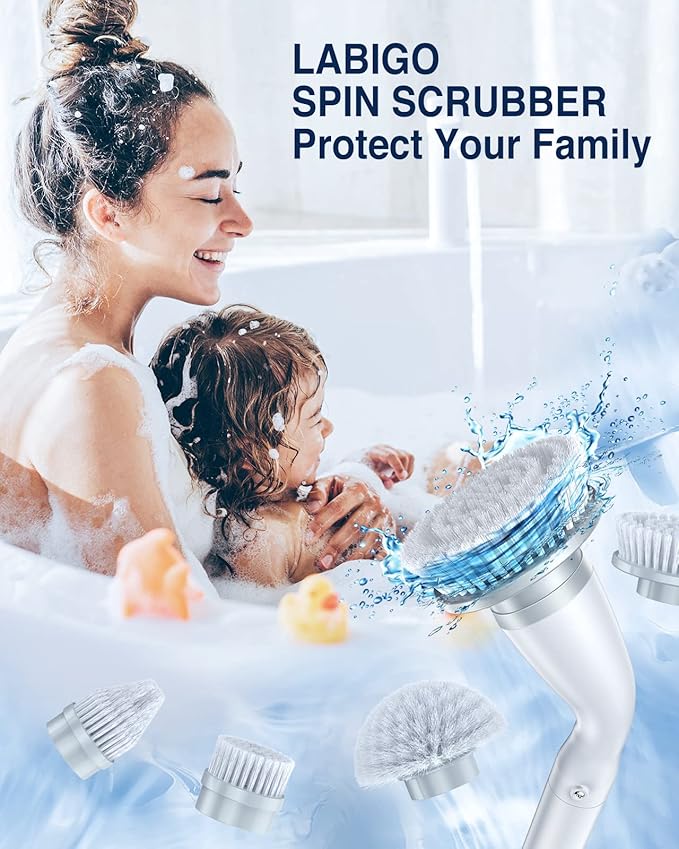 Electric Spin Scrubber, Cordless Cleaning Brush Scrubber with 7 Replaceable Brush Heads and Adjustable Extension Handle, IPX7 Waterproof Power Cleaning Brush for Bathroom Tub Floor Tile Shower