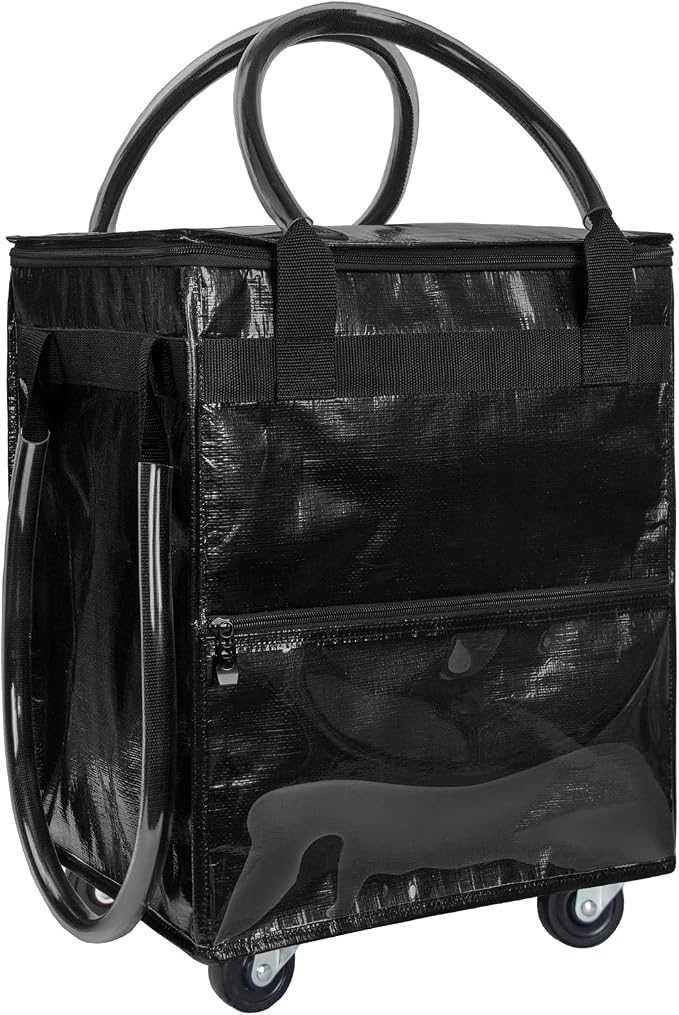 Small Black Reusable Grocery Bag on Wheels, Folding Rolling Tote