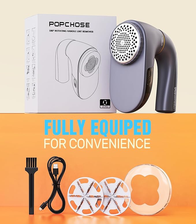 POPCHOSE Fabric Shaver, Lint Remover for Clothes, Lint Shaver with 6-Leaf Blades & 2 Speed, 2000mAh Rechargeable, Sweater Shavers to Remove Pilling, Electric Lint Remover for Couch, Furniture, Fuzz