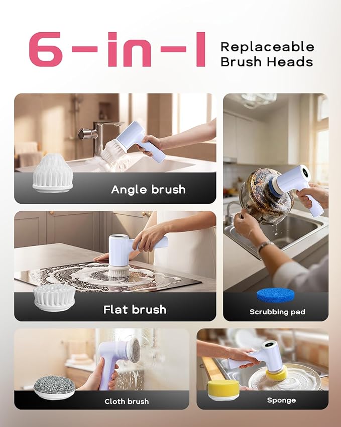 PUFTEM Electric Spin Scrubber for Bathroom Cleaning, Cordless Shower Scrubber with 6 Brush Heads & Dual-Direction Rotation, Handheld Cleaning Brush for Grout, Tile, Tub, Sink & Corners(Purple)