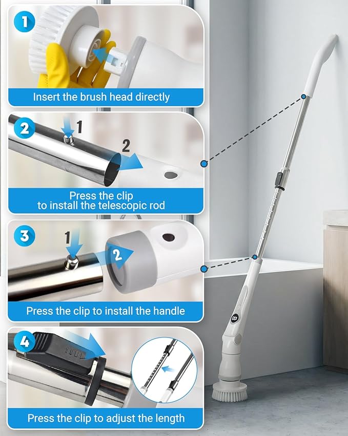 Cordless Electric Spin Scrubber, 4 Angles with 8 Replaceable Brush Heads, Adjustable Handle 3 Speeds with LED Display-90Mins Runtime, IPX7 Waterproof Scrubber Cleaner Brush for Bathtub Bathroom