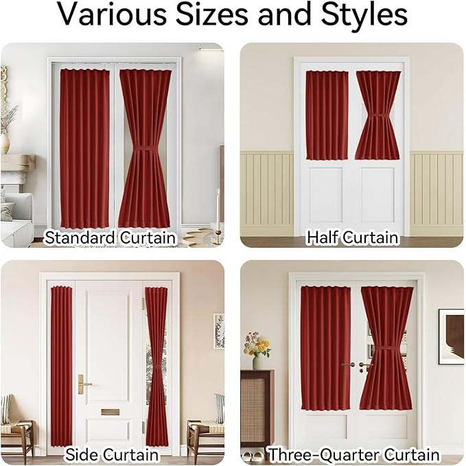 Vatge Privacy French Door Curtain - Thermal Insulated Self Adhesive Blackout Door Curtains with Tieback, 1 Panel, W54 x L40, Red