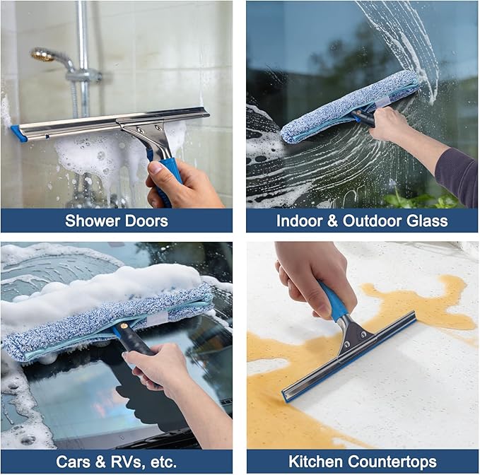 Professional Window Cleaning Kit, 14" Rubber Squeegee with 15" Microfiber Scrubber, Window Cleaning Tool for Home, Window Washing Equipment Commercial & Household Use