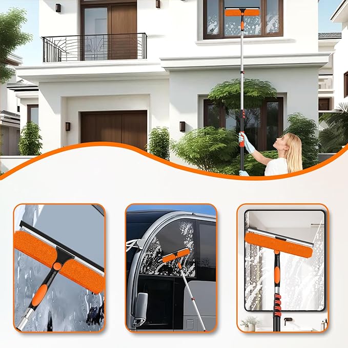 14" Extra-Wide Window Squeegee with Extension Pole, 26FT High Reach Window Cleaning Kit with- 2-in-1 Professional Window Scrubber & 5-20FT Extension Pole, for Indoor & Outdoor High Windows,RVs