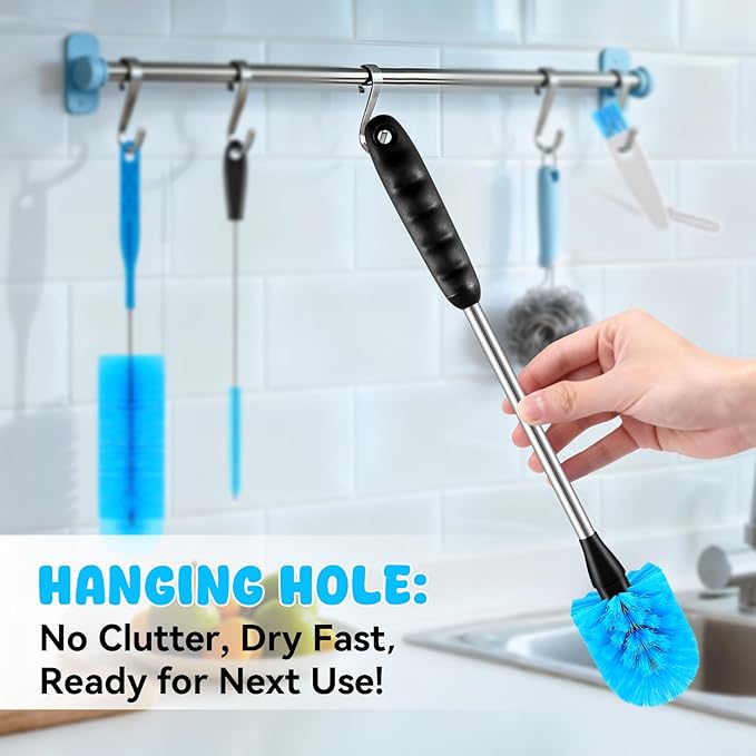 Bottle Brush Set with Straw Cleaner Brush and 3 in 1 Cup Lid Cleaning Brush, Water Bottle Cleaner with Long Handle for Cleaning Narrow Neck Beer, Cup, Wine Glasses, Tumblers, Baby Bottles