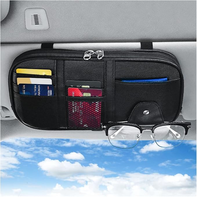 Car Sun Visor Organizer, Sunglass Holder and Storage Pocket, Card Cash Pouch with Multi-Pocket Net Zipper, Case Bag for