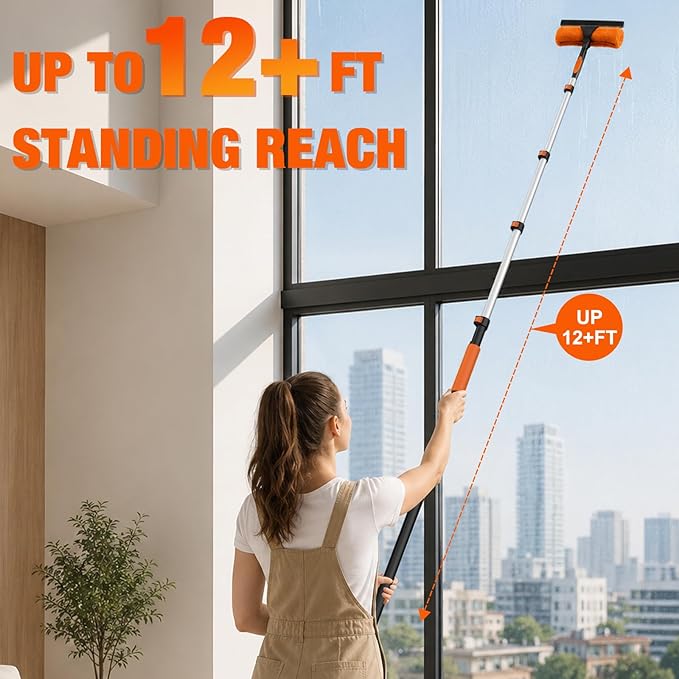 LAANPOLE 20FT Window Squeegee with Extension Pole, 2-in-1 Squeegee for Window Cleaning, Professional Cleaning Kit for Home with 12FT Telescoping Pole for Outdoor Indoor Use