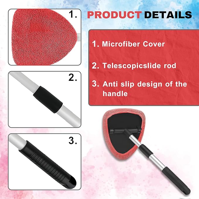 Windshield Cleaning Tool, Car Window Cleaner with Extendable Handle, 4 Microfiber Pads and Spray Bottle, Auto Interior Exterior Glass Wiper Cleaning Kit Universal for RV, SUV, Truck (Red)