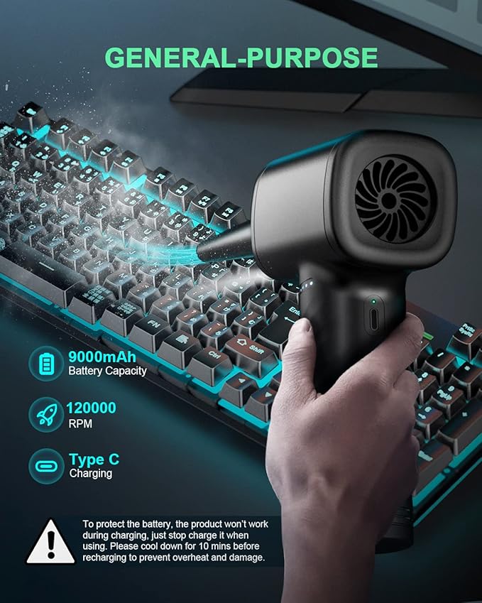 Compressed Air Duster, Rechargeable Cordless Keyboard Cleaner for Computer, 120000 RPM 6 Nozzles with Vacuum, 3000mAh Battery & 3 Speeds for PC, Car, AC and Inflatable Pool Toys