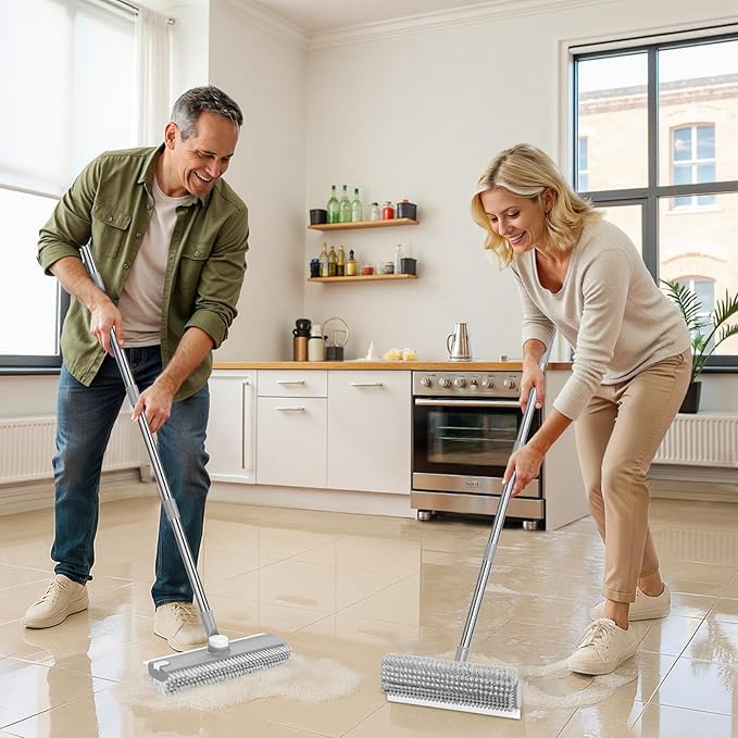 Floor Scrub Brush with Long Handle: 3 in 1 Heavy-Duty Floor Scrubber Brush with Squeegee for Cleaning Tile Bathroom Deck Kitchen Patio - Gray