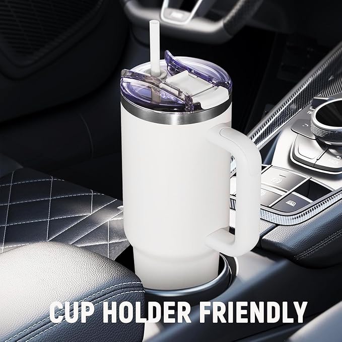 40 oz Tumbler with Handle and Straw Lid,Insulated Reusable Stainless Steel Water Bottle Travel Mug,Cupholder Friendly Double Wall Vacuum Sealed Cup (Snow)