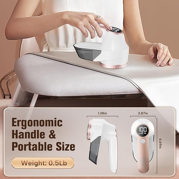 DBC Fabric Shaver with 15000r/Min Powerful Motor, LED Display, 3-Speeds, 6-Leaf Blades, Large Shaving Head Lint Remover for Clothes, Lint Ball, Furniture, Fuzz - Pink & White