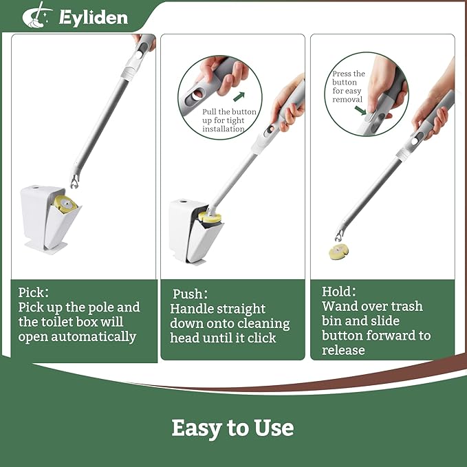 Eyliden Disposable Toilet Brush Kit with 40 Refills, Lightweight Toilet Bowl Wand, Hands-Free Scrubber with Auto-Open Caddy, Perfect for Bathrooms, RVs & Apartments, White