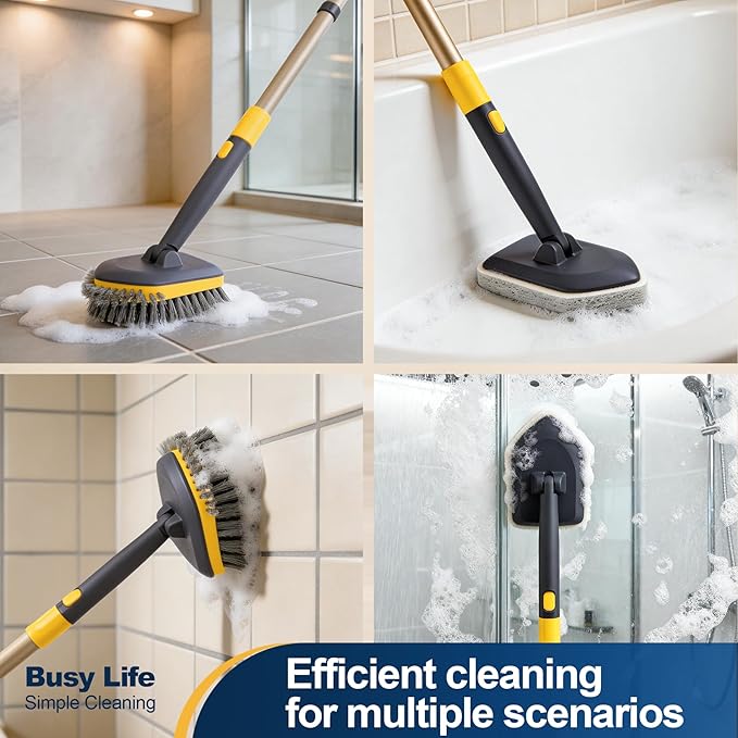 Yocada Tub Tile Scrubber Brush 2 in 1 Cleaning Brush Telescopic Pole Stiff Edge Bristles 4*Scouring Pads for Bathroom Shower Floor Corner Cleaning Non Scratch 58.2"
