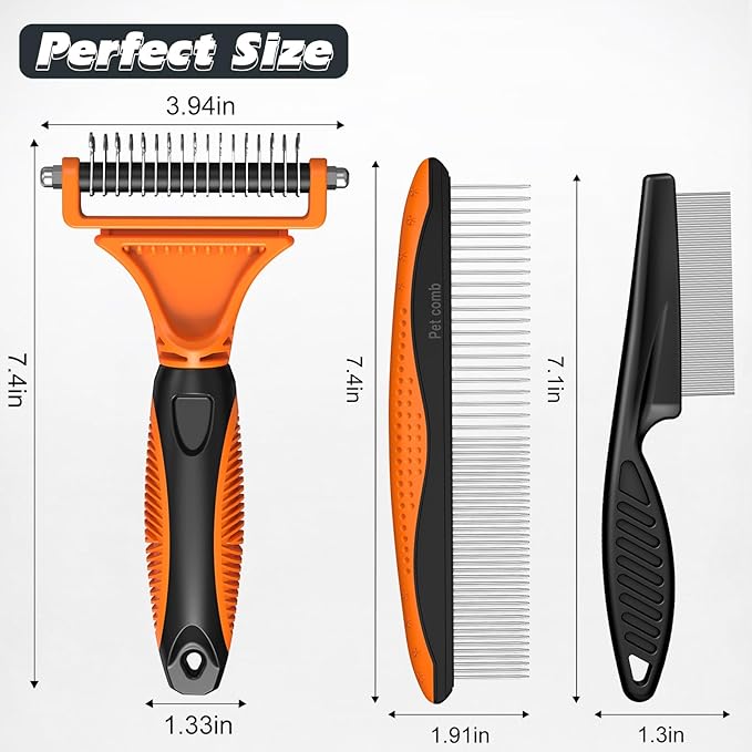 3PCS Pet Grooming Rake & Metal Comb & Flea Comb for Cats and Dogs, Double-Sided Dematting Tool, Extra-Wide Deshedding Dog Brush for Long Hair to Effectively Remove Tangles, Knots and Mats (Orange)