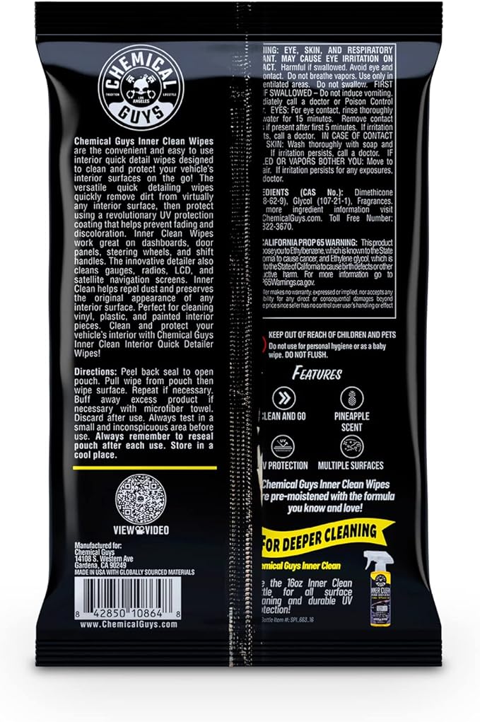 Chemical Guys InnerClean Interior Quick Detailer & Protectant Wipes – 50 Pack Multi Surface Interior Cleaner Wipes for Dashboards, Doors and Seats – Safe for Cars, Trucks, SUVs, RVs and Home Use