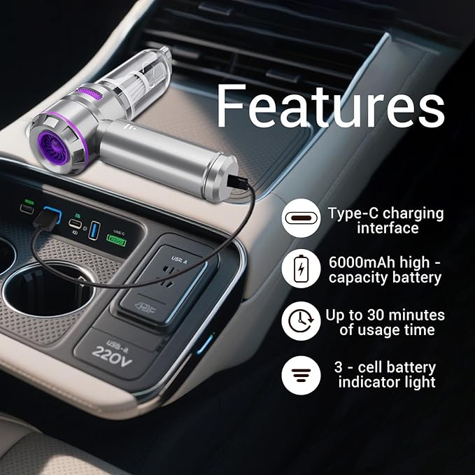 2-in-1 Handheld Vacuum & Blower, 21000Pa Powerful Suction, 1.5lbs Ultra Lightweight Cordless Car Vacuum with Rapid Charging, for Car/Pet Hair/Home/Office - 3 Adjustable Suction Levels