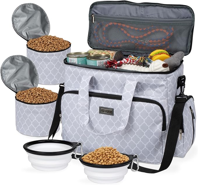 BAGLHER Dog Travel Bag, Pet Travel Bag (ALL Pet Travel Supplies), With 2 Pet Food Containers and 2 Collapsible Silicone