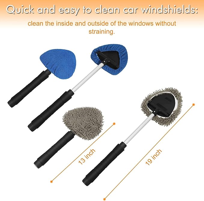 JOYFUL&HOPEFUL Car Windshield Cleaning Tool, Car Inside Window Cleaner Tool with Extendable Handle, 3pc Microfiber and 2pc Chenille, Car Interior Cleaner Tool Anti Fog, Streaks Free