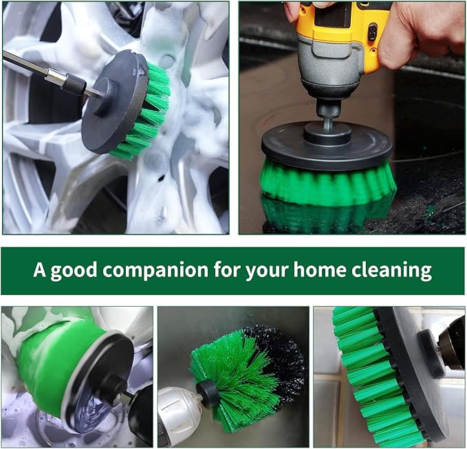 8 Pcs Drill Brush Attachment Set, Power Cleaning Scrub Brush Kit with Extend Long Attachment, All Purpose Drill Scrub Brushes for Car, Grout, Floor, Tub, Bathroom and Kitchen (Green)