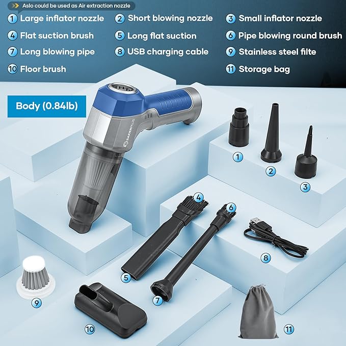 SakerPlus Mini Vacuum Cleaner, 3 in 1 Car Vacuum Cleaner High Power, 15000PA Powerful Suction, Air Duster, 7500mAh, Adjustable Small Vaccum Portable Cordless for Cars,Desktop,Home- Light Blue