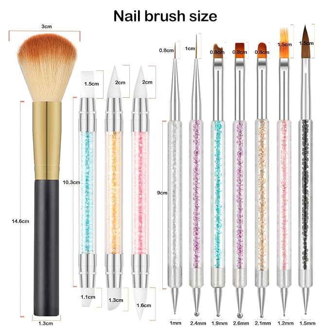 11PCS Nail Art Brush Set with Nail Dust Brush, Double-Ended Silicone Nail Art Tools for Acrylic Nails, Carving, Painting, Line Drawing, DIY Salon Manicure