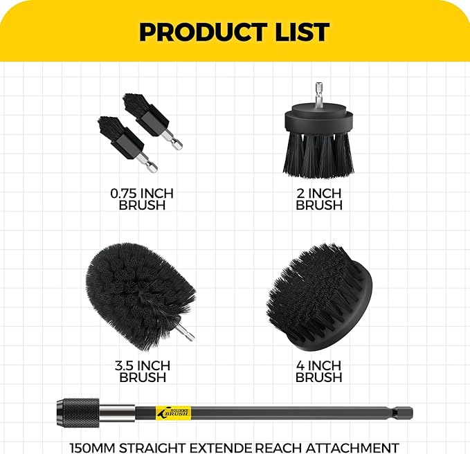 Holikme 6Pack Drill Brush Power Scrubber Cleaning Brush Extended Long Attachment Set All Purpose Drill Scrub Brushes Kit for Grout, Floor, Tub, Shower, Tile, Bathroom Black