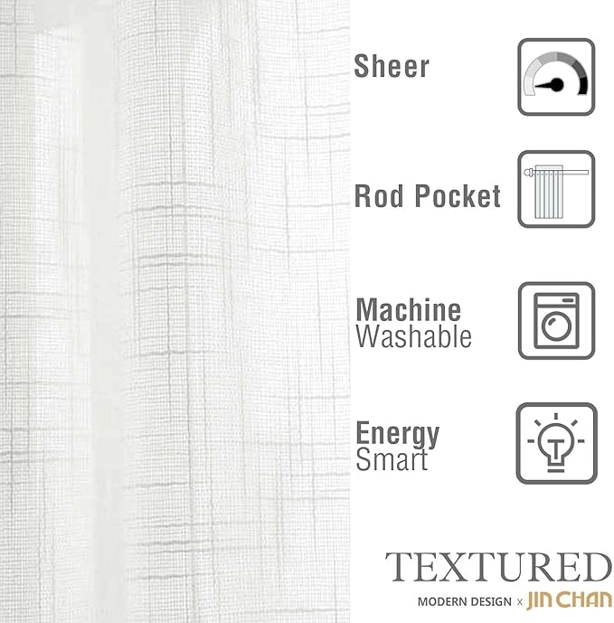 jinchan Linen French Door Curtain with Open Weave Semi-Sheer Door Curtain Decor 40 Inches Long Drape Rod Pocket 1 Panel Light-Filtering Privacy Window Decor 1 Tieback Included White