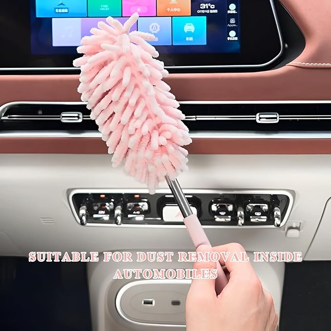 2PCS Car Interior Duster with Extension Pole, 11.8" to 30.5" Retractable Dusters Auto Dash Cleaning Tool, Soft Chenille Hand Washable Dusters for Car Window Furniture Office (Light Pink)