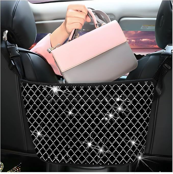 zipelo Bling Car Net Pocket Handbag Holder, Rhinestone Vehicle Backseat Purse Organizer Between Seats, Diamond Hanging S