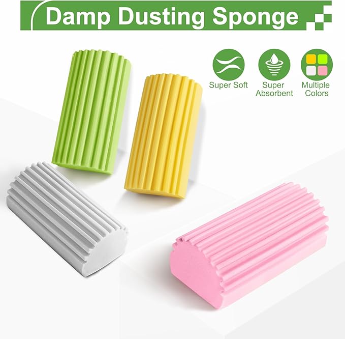 Jeymei 4-Pack Damp Clean Duster Sponge, Sponge Cleaning Brush, Duster for Cleaning Blinds, Glass, Baseboards, Vents, Railings, Mirrors, Window Track Grooves and Faucets Green Non-Scratch Sponges
