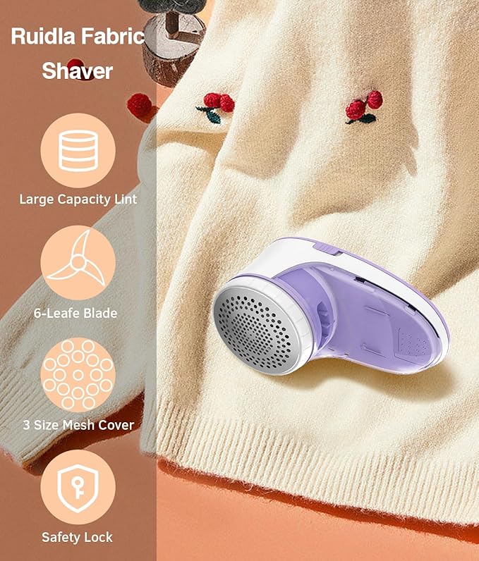 Ruidla Fabric Shaver Lint Remover, Sweater Shaver with Replaceable Stainless Steel 6-Leaf Blades, Fabric Defuzzer for Clothes Fuzz, Lint Balls - Battery Operated