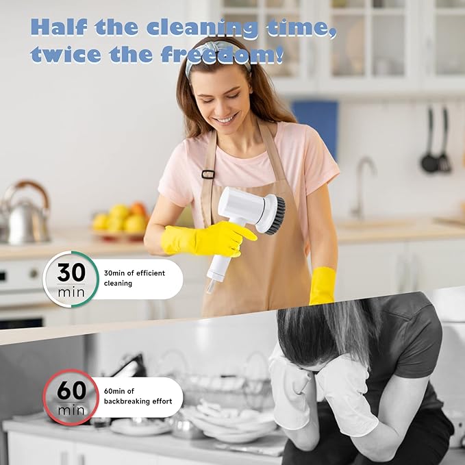Electric Spin Scrubber Cordless Power Cleaning Brush with 4 Replaceable Brush Heads 2 Adjustable Speeds for Bathroom Kitchen Dishes Tub Sink Tile Window Floor Grout, White
