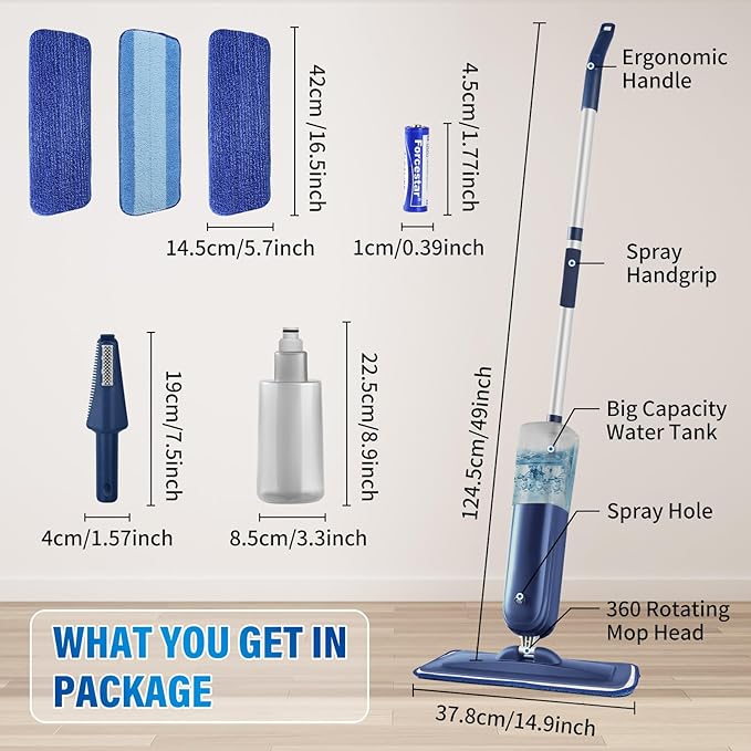 PowerMop for Floor Cleaning with 3 Washable Pads - Wet Dry Microfiber Mop with 720 ml Refillable Bottle for Kitchen Wood Floor Hardwood Laminate Ceramic Tiles Floors Dust Cleaning