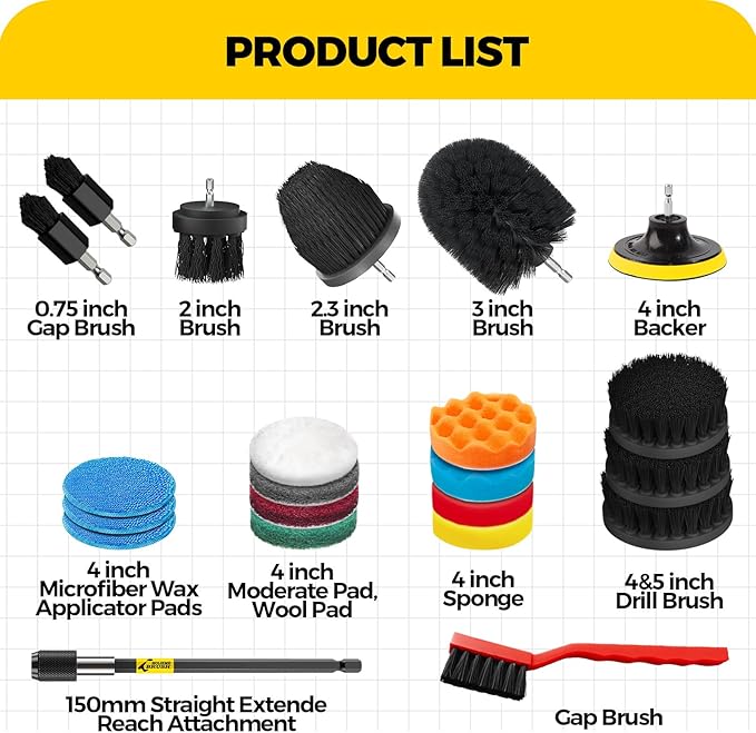 Holikme 22Pack Drill Brush Attachments Set, Scrub Pads & Sponge, Buffing Pads, Power Scrubber Brush, Car Polishing Pad Kit,Wax Applicator Pad,Car Cleaning Kit,Cleaning Supplies,Masonry Brushes,Black