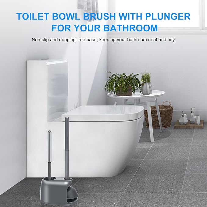 SetSail Toilet Brush and Plunger Set, 2 Packs Toilet Plungers for Bathroom Heavy Duty Toilet Bowl Brush and Holder Hidden Toilet Plunger and Brush Set for Deeply Cleaning - Gray