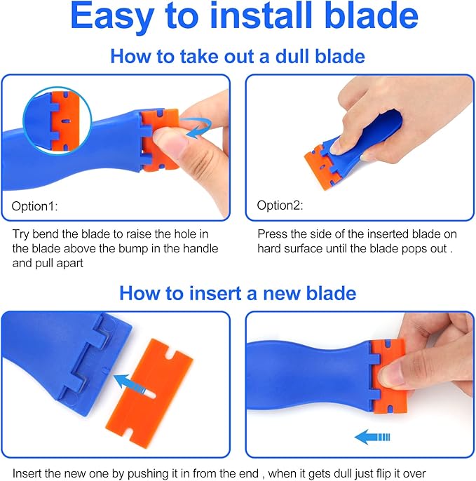 4 Pcs Plastic Razor Blade Scraper and 100 Pcs Blades, Remove Label Decal Tool, Forwithout Scratches Plastic Razor Blade Scraper, Adhesive Remover for Stickers, Gaskets and Paints on Window Car Glass