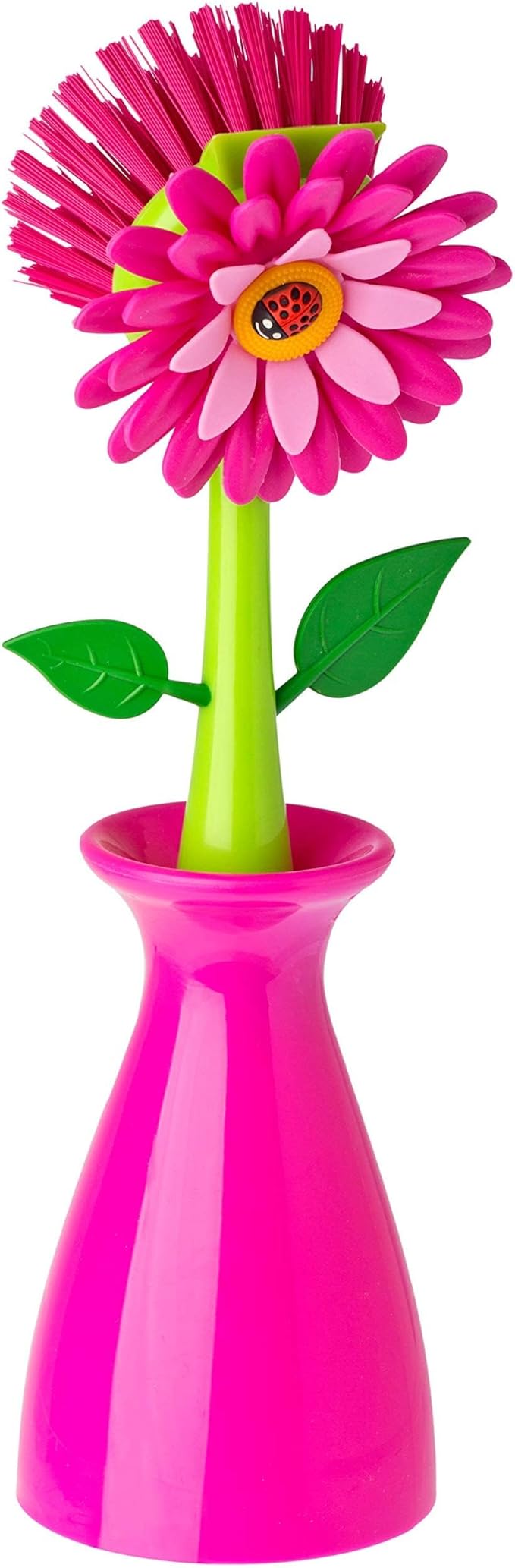 Vigar Flower Power Dish Brush with Handle and Vase Holder - Dish Scrub Brush for Dishes, Kitchen Scrub Brush, Dish Brush with Handle, Sink Cleaning Brush, Pot Scrubber, Dishwashing Brush - Pink