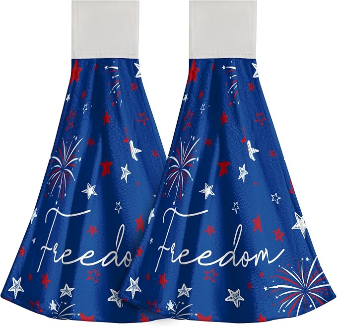4Th July Hanging Tie Towels Set of 2,Freedom American Stars Independence Day Absorbent Hand Towel Soft Microfiber Kitche