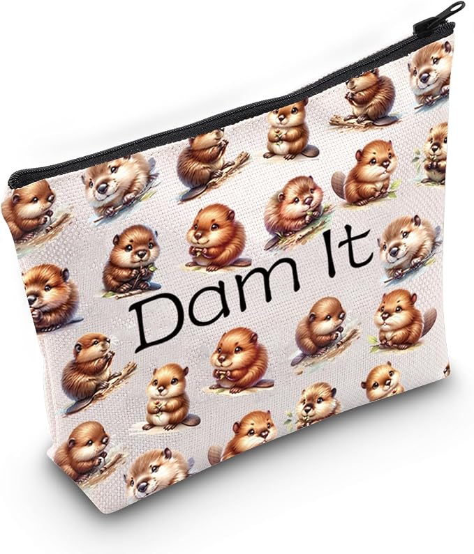 JXGZSO Funny Beaver Cosmetic Bag Beaver Lover Gift Rodent Beaver Dam It Makeup Pouch Bag (Dam It Bag)