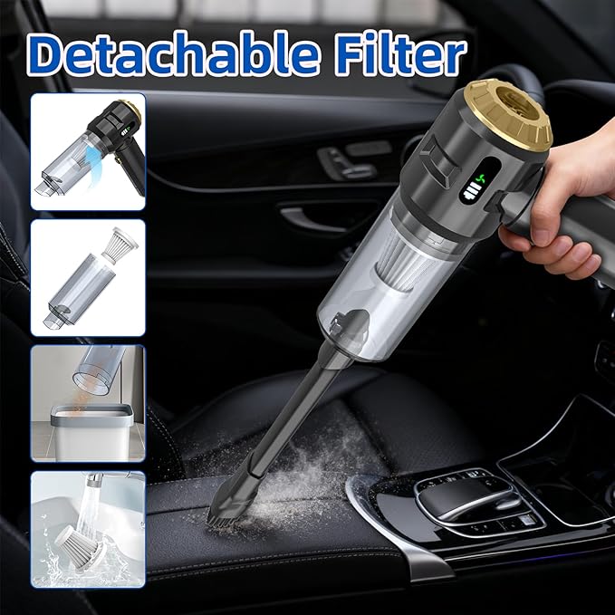 Sycoodeal Handheld Car Vacuum Cleaner, 25000PA Strong Cyclonic Suction Portable Mini Vacuum Cordless with Digital Display Lightweight Handheld for Pet Hair, Car, Home, Office, Kitchen (Gold)